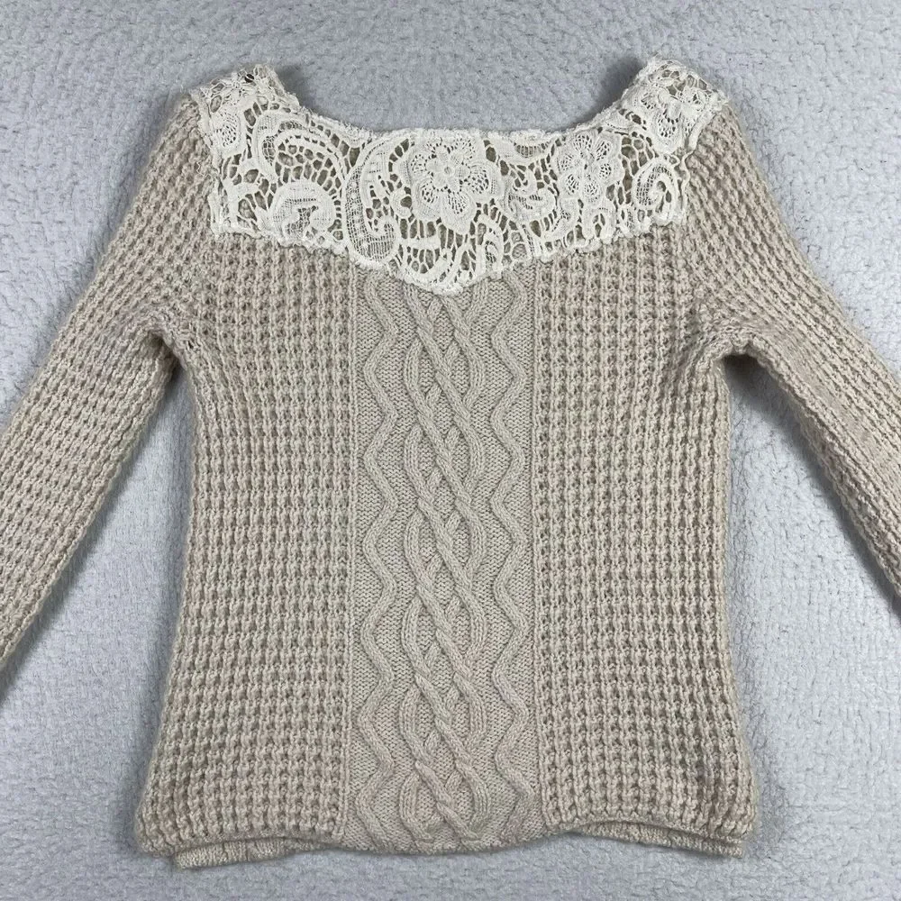 Free People Sweater Womens XS‎ Cream Cable Knit Lace Embellished Scoop Neck
